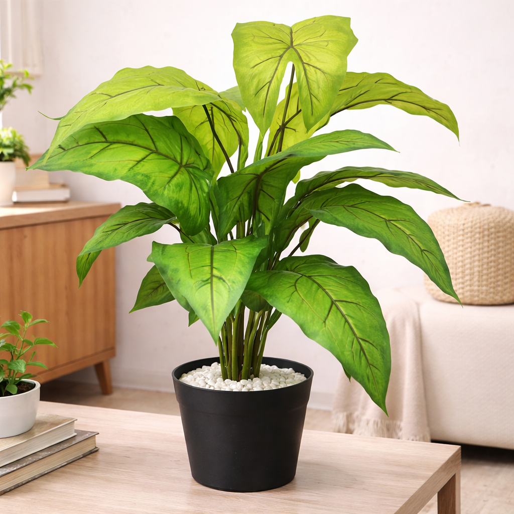 Vibrant artificial Alocasia on wood